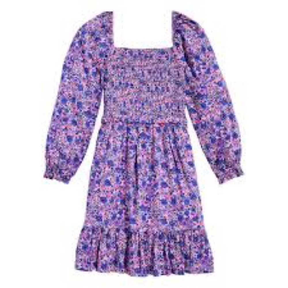 Vineyard Vines Floral Long Sleeve Dress Small 8/10 pink purple blue flowers